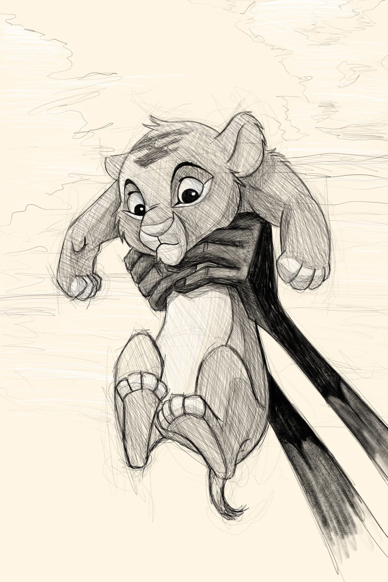 Simba lionceau du Roi lion, soulevé par deux bras sombres, pattes pendantes, croquis sur crème. Tableau en caisse américaine.