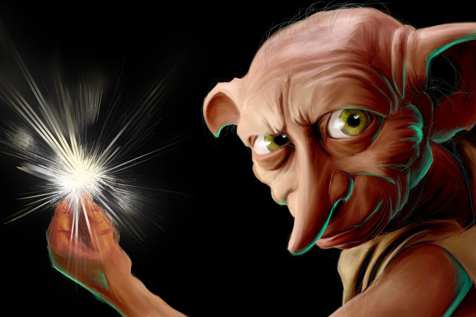 Dobby, l'elfe de Harry Potter, yeux verts durcis, éclat blanc au bout des doigts. Tableau en caisse américaine.