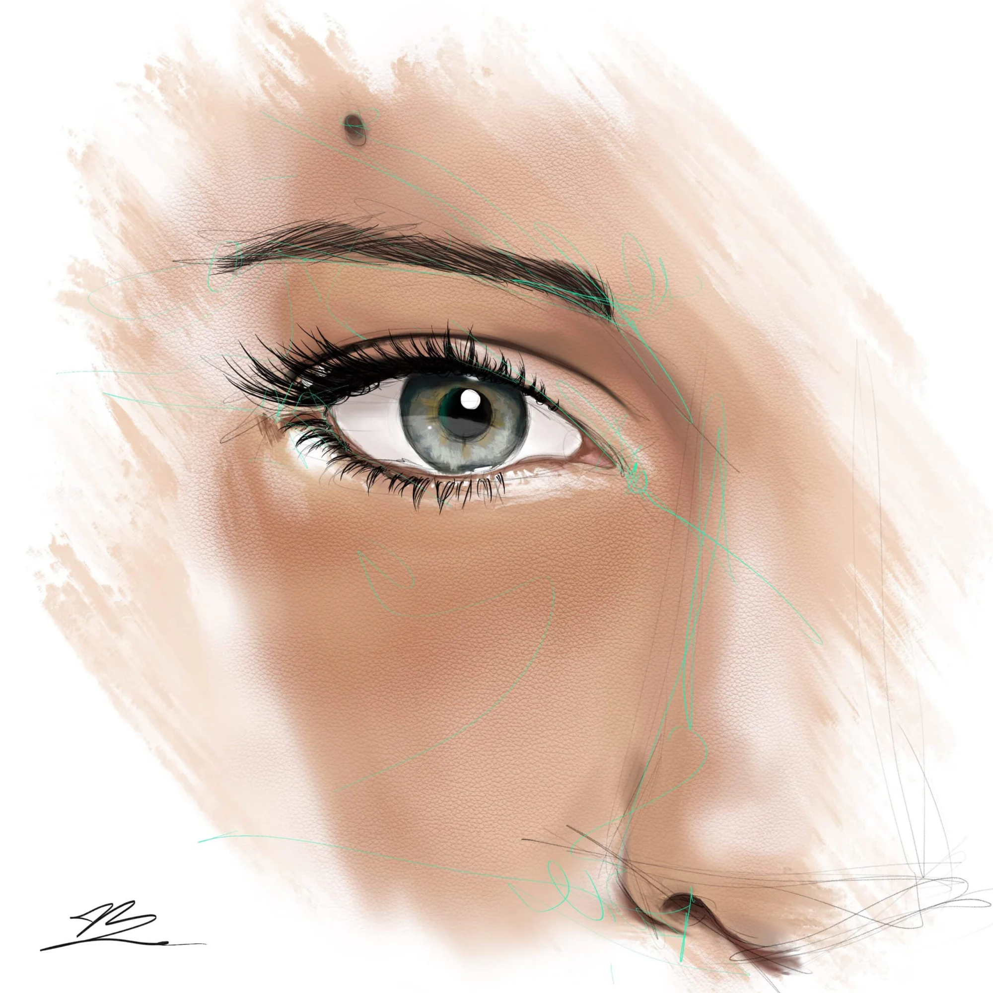 Gros plan carré sur un œil de femme, iris gris-vert clair, sourcil arqué, cils épais. Tableau en caisse américaine.