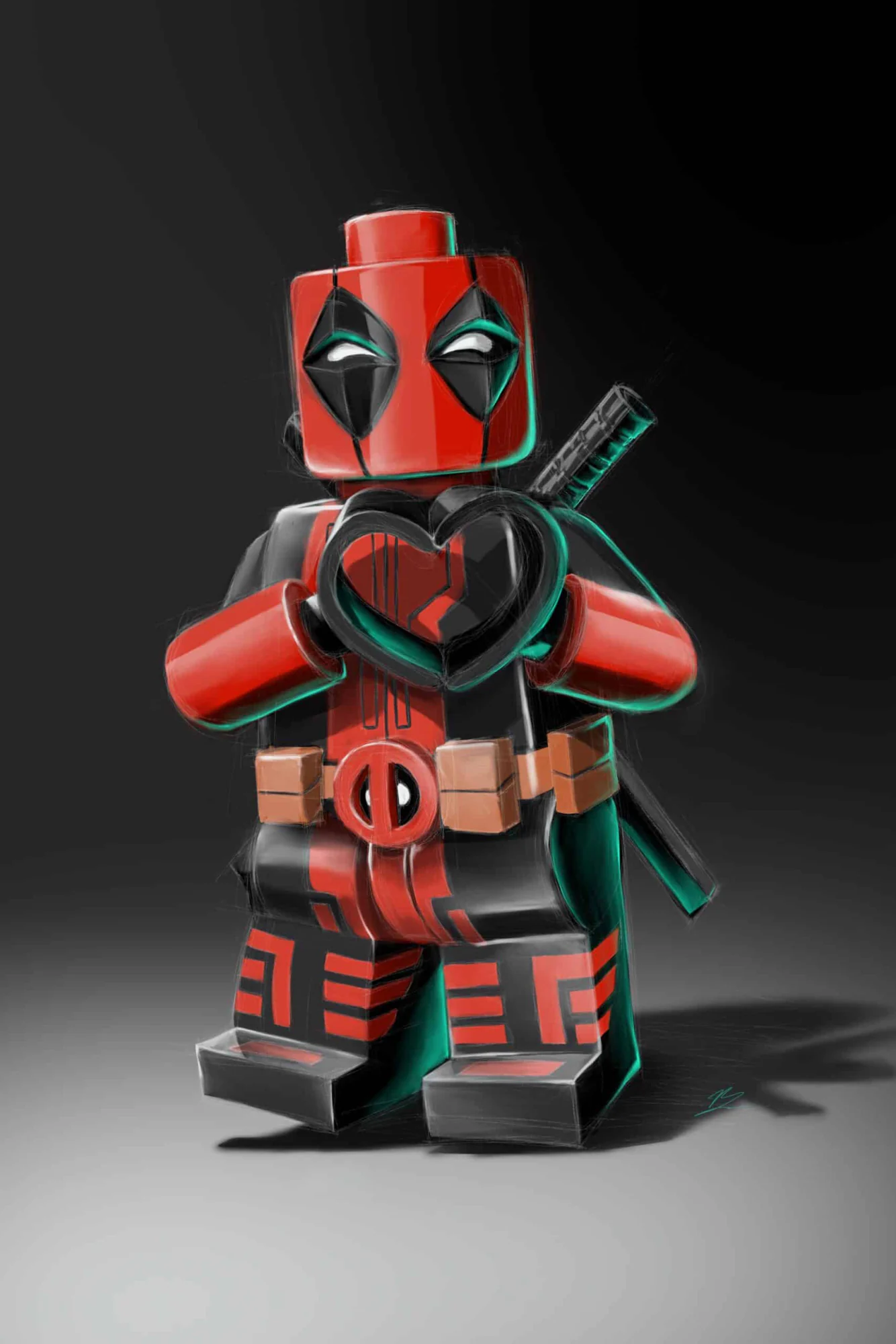 Deadpool en figurine Lego, debout, les mains jointes en cœur, katana dans le dos. Tableau en caisse américaine.