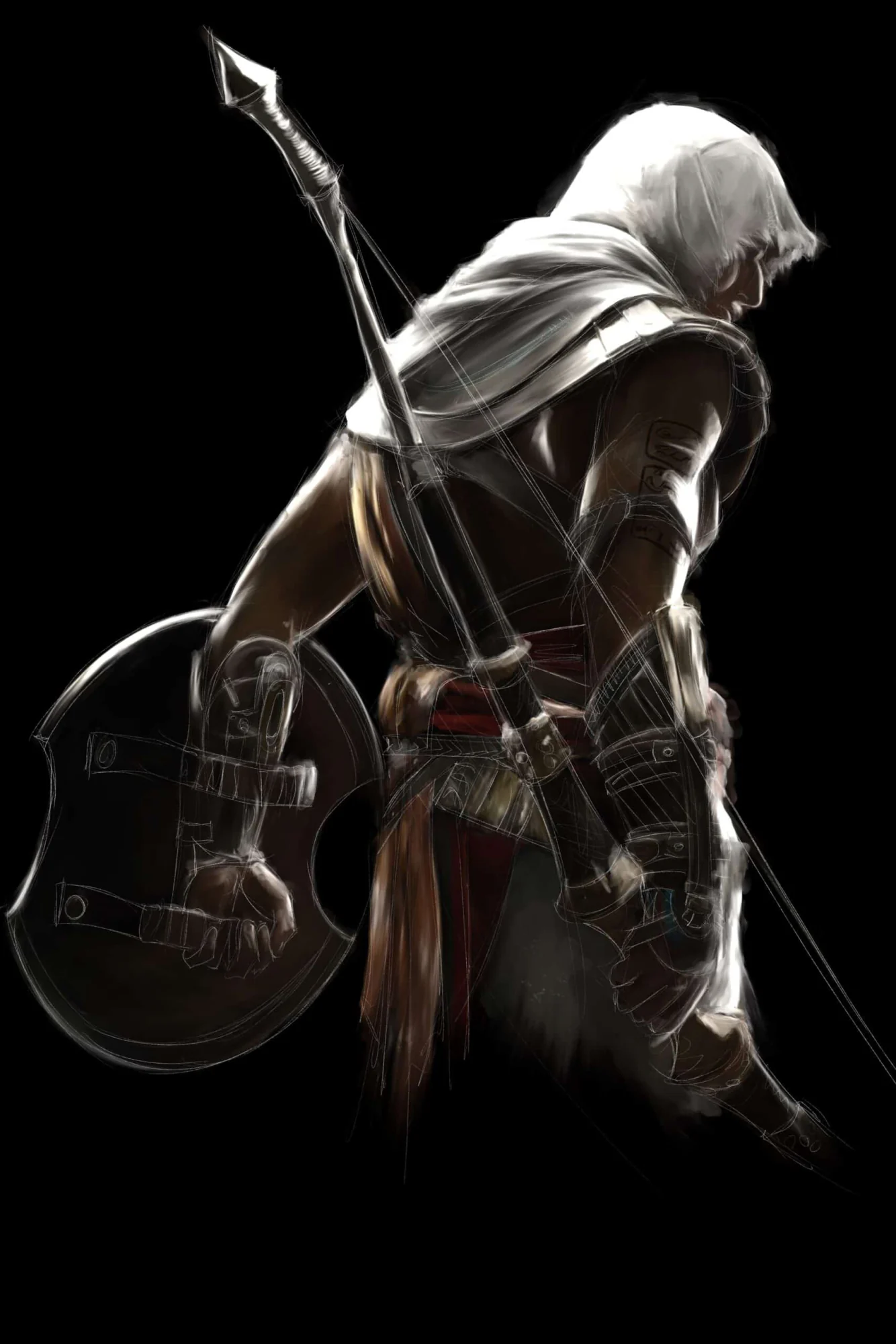 Bayek de Siwa vu de dos, capuche blanche, bouclier rond au poing, arc dans le dos. Tableau en caisse américaine.
