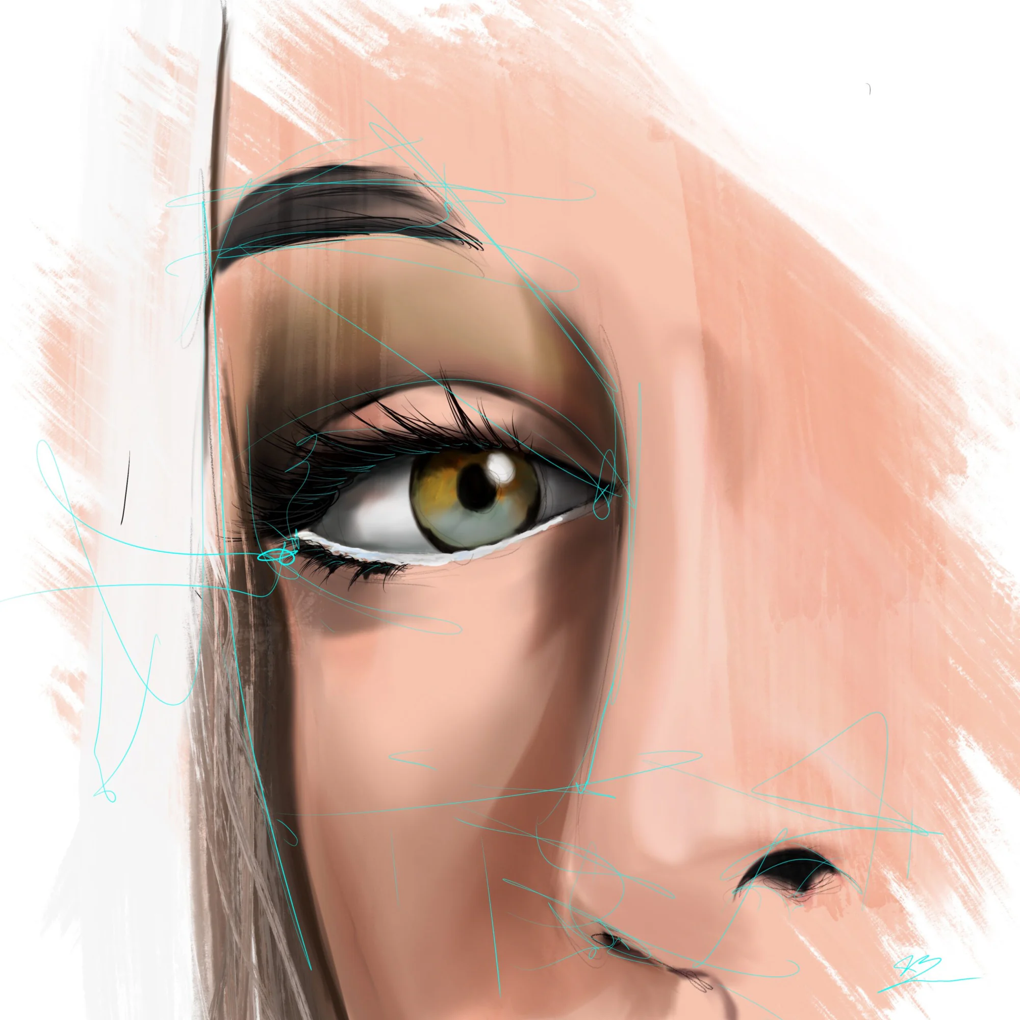 Gros plan carré sur un œil féminin, iris ambré, fard sombre, traits de construction turquoise apparents. Tableau en caisse américaine.
