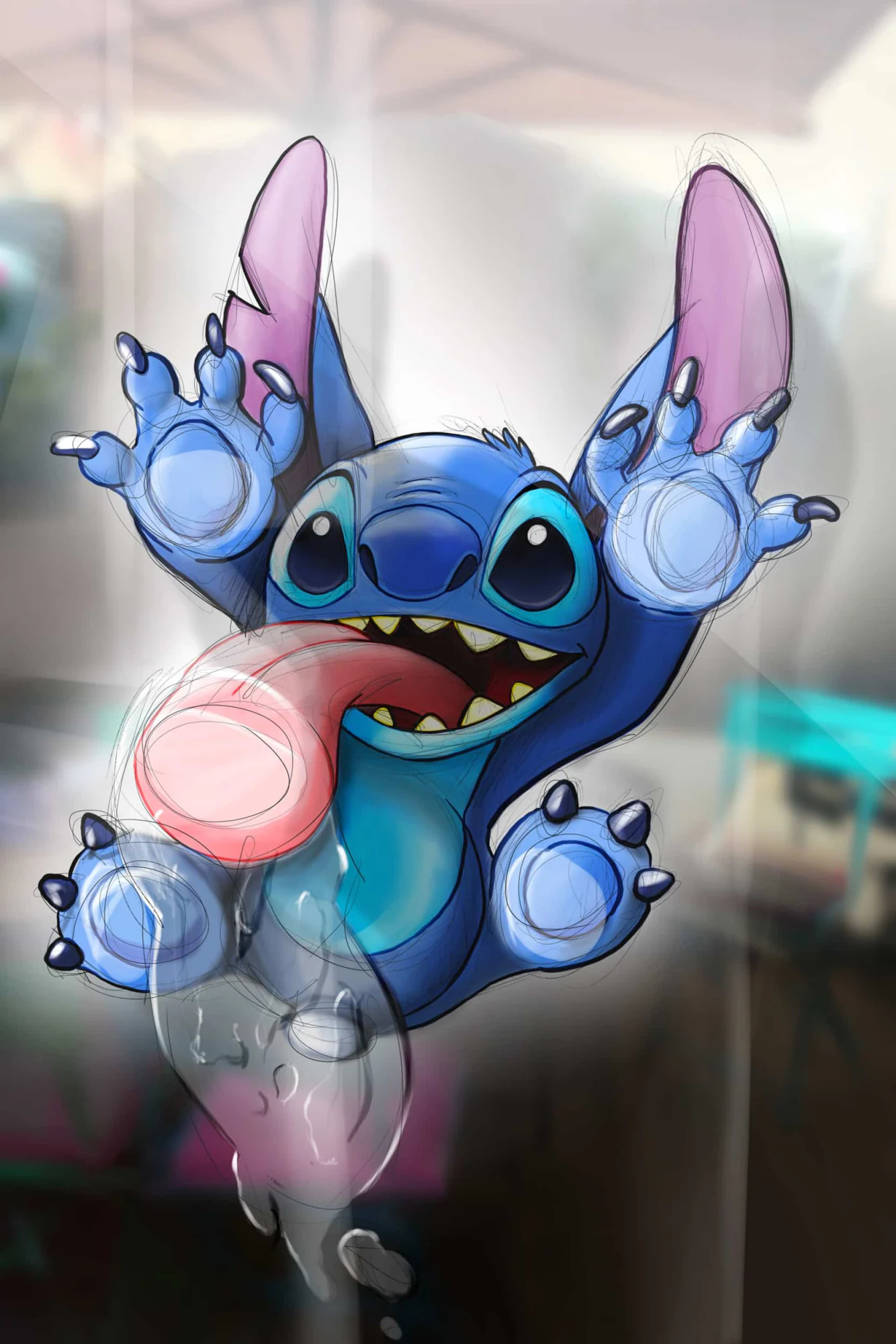 Stitch de Disney plaqué contre une vitre, pattes écrasées, langue dehors, bave sur le verre. Tableau en caisse américaine.
