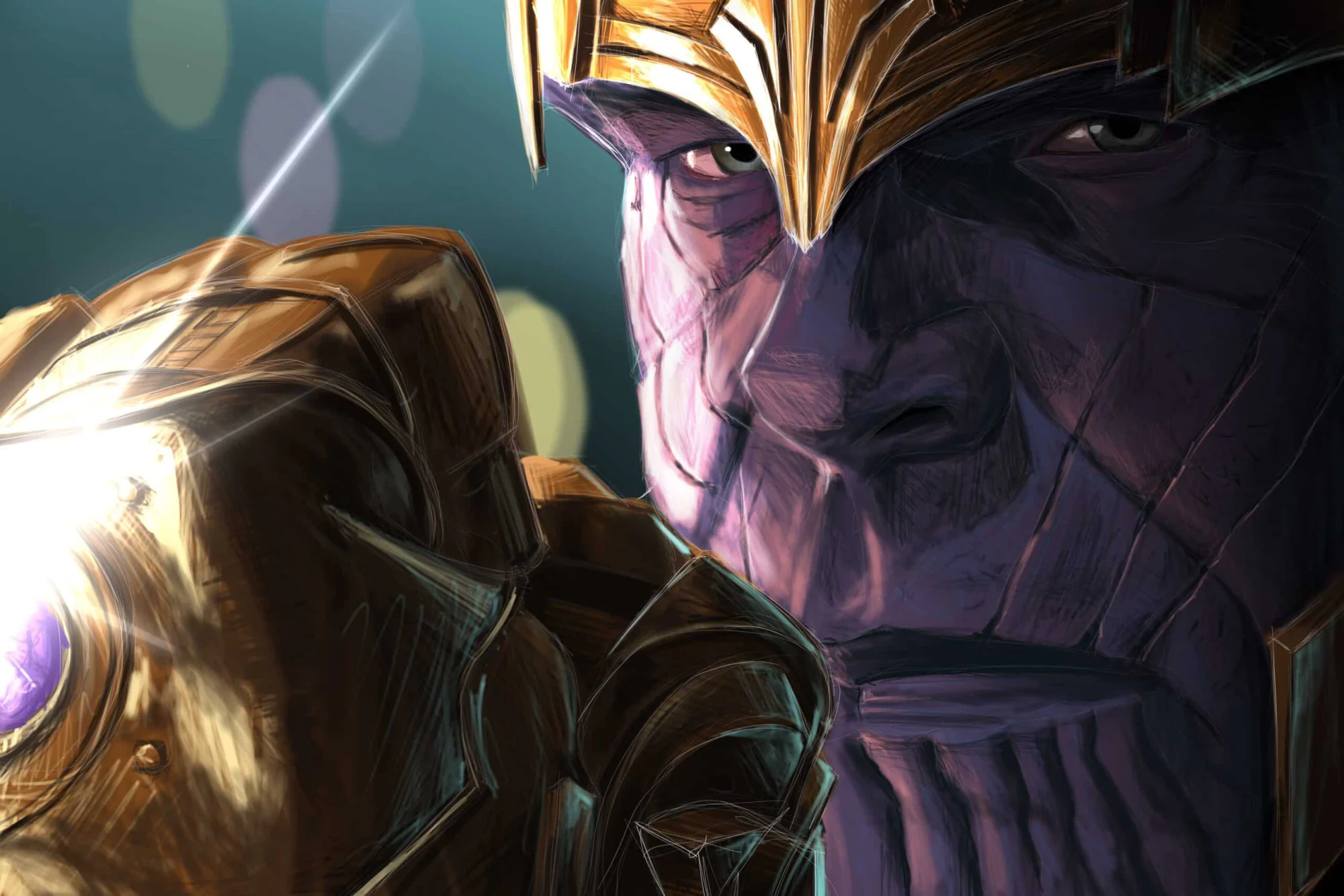 Thanos de Marvel en gros plan, casque doré, gantelet au premier plan, une gemme violette allumée. Tableau en caisse américaine.