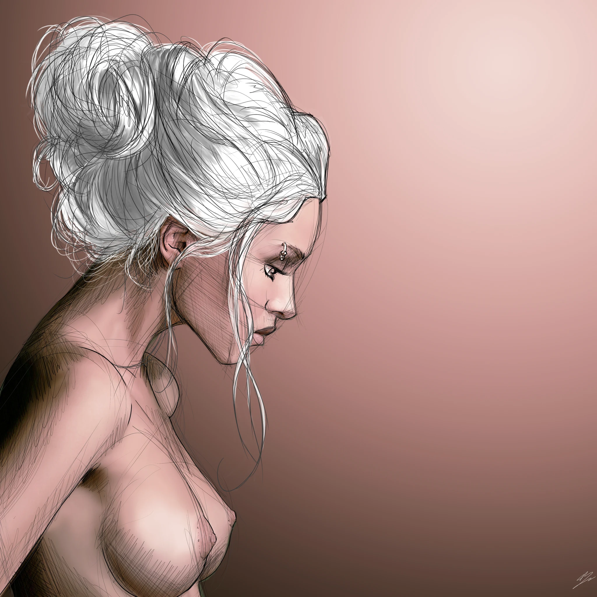 Buste de femme de profil, poitrine nue, chignon haut blanc, piercings à l'arcade et à la narine, monochrome rose-brun. Tableau en caisse américaine.