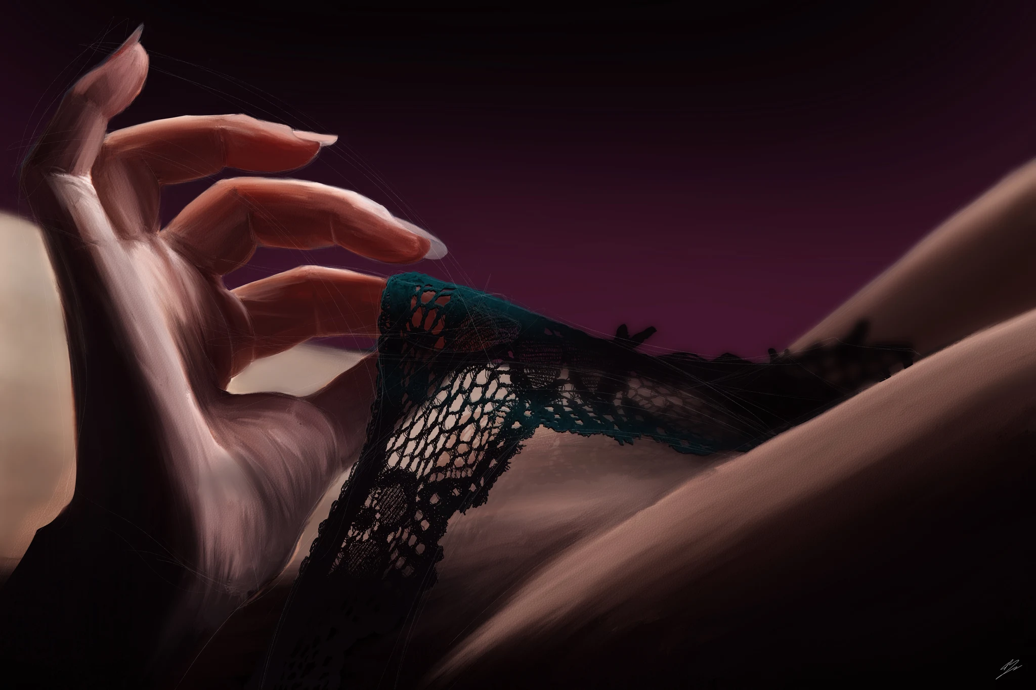 Main aux ongles longs soulevant un pan de dentelle noire à résille bordée de bleu canard, hanche nue à droite, fond prune. Tableau en caisse américaine.