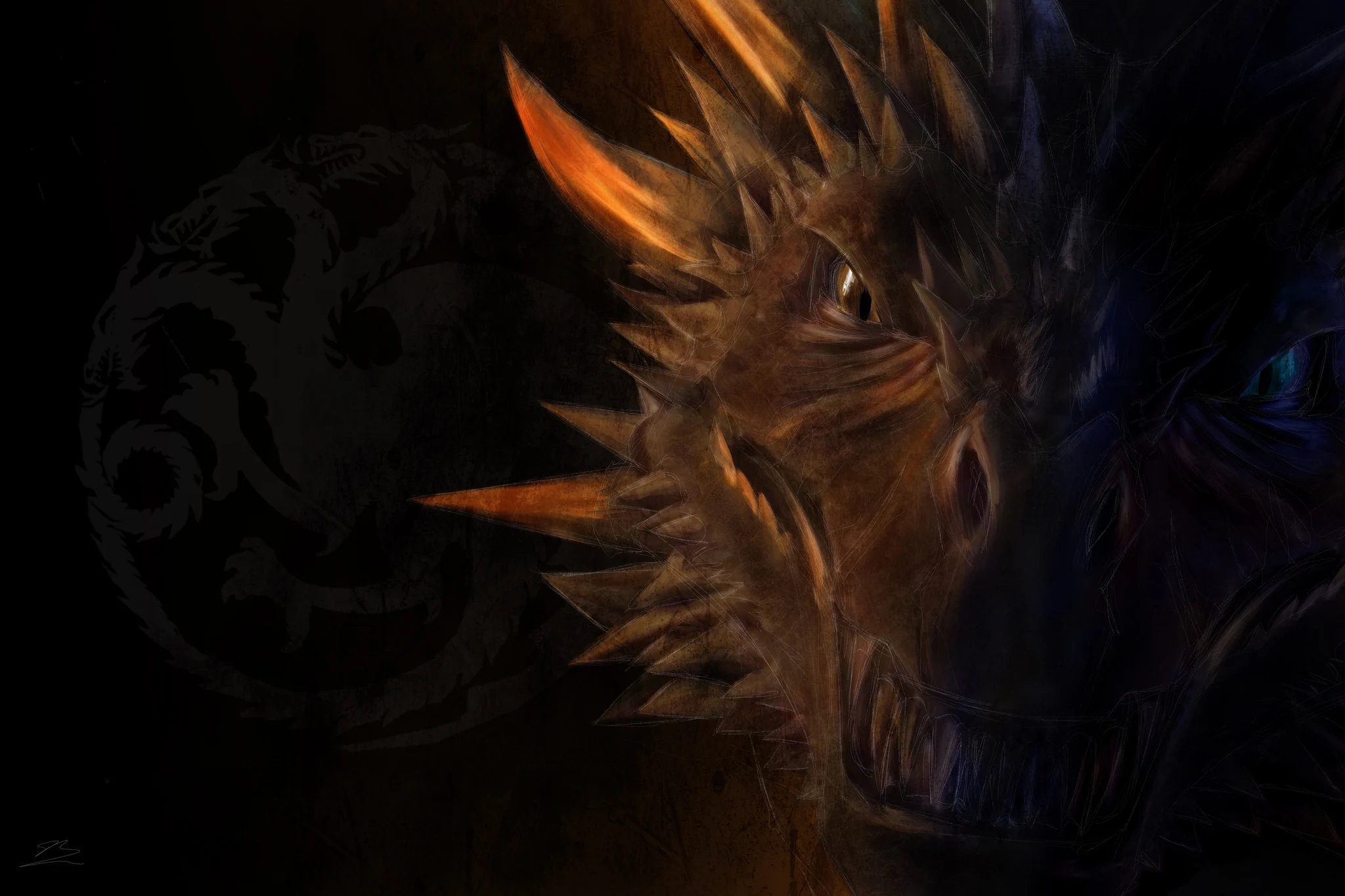 Drogon de profil aux épines orange, Viserion en ombre bleue au bord droit, blason Targaryen. Tableau en caisse américaine.
