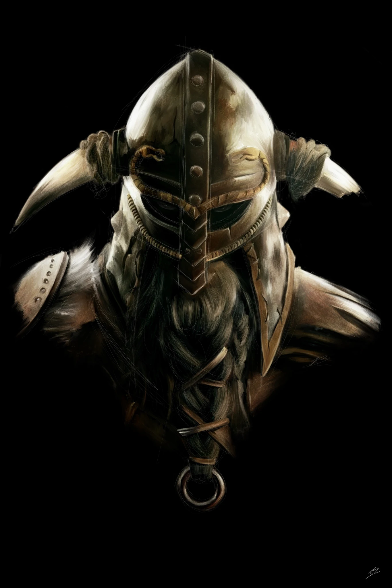 Guerrier viking de For Honor, casque à cornes, barbe tressée fermée par un anneau, fond noir. Tableau en caisse américaine.