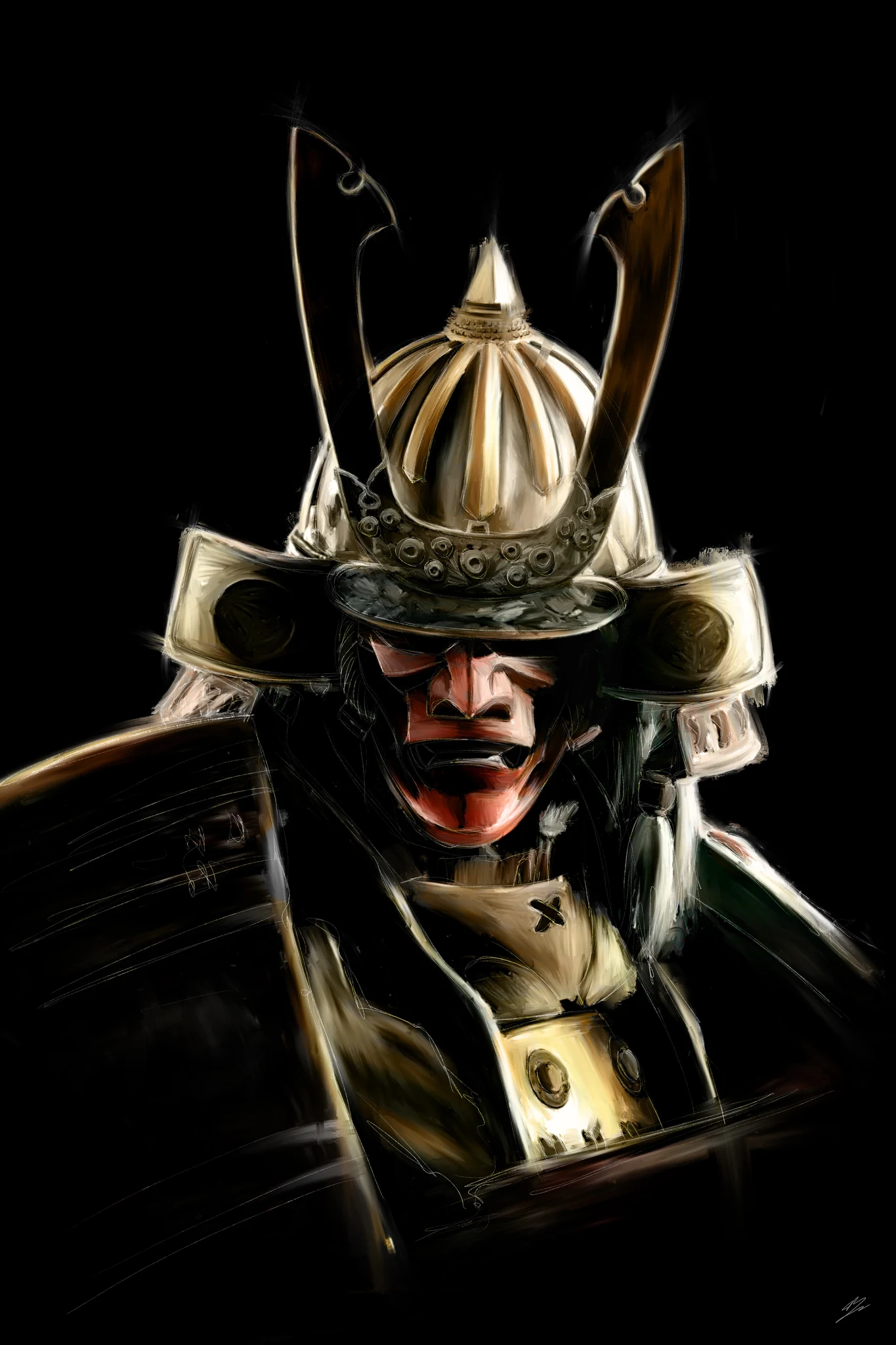 Samouraï de For Honor, kabuto doré à grandes cornes, masque rouge grimaçant, fond noir. Tableau en caisse américaine.
