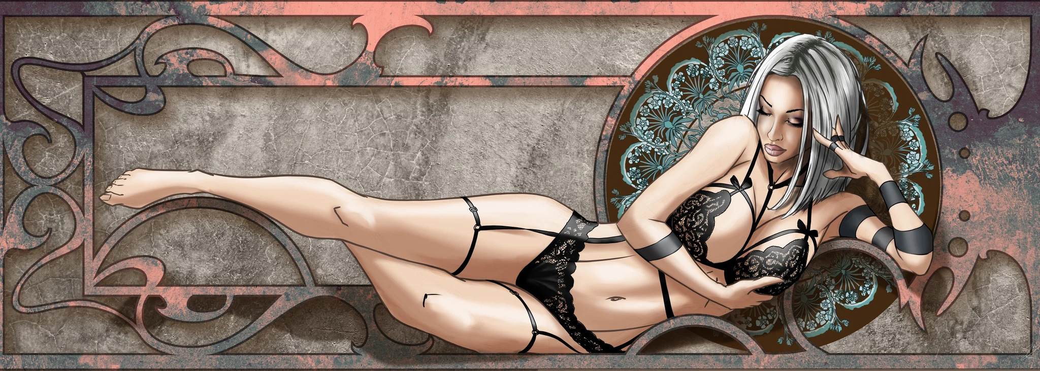 Femme allongée en lingerie de dentelle noire et porte-jarretelles, devant une rosace florale Art Nouveau. Tableau en caisse américaine.