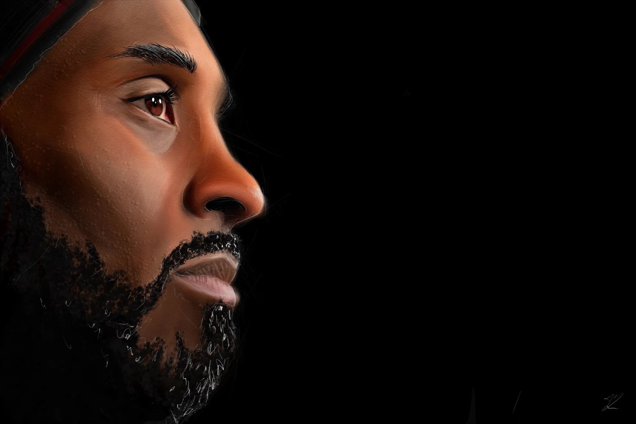 Kobe Bryant de profil vers la droite, barbe fournie, bandeau sur le front, fond noir. Tableau en caisse américaine.