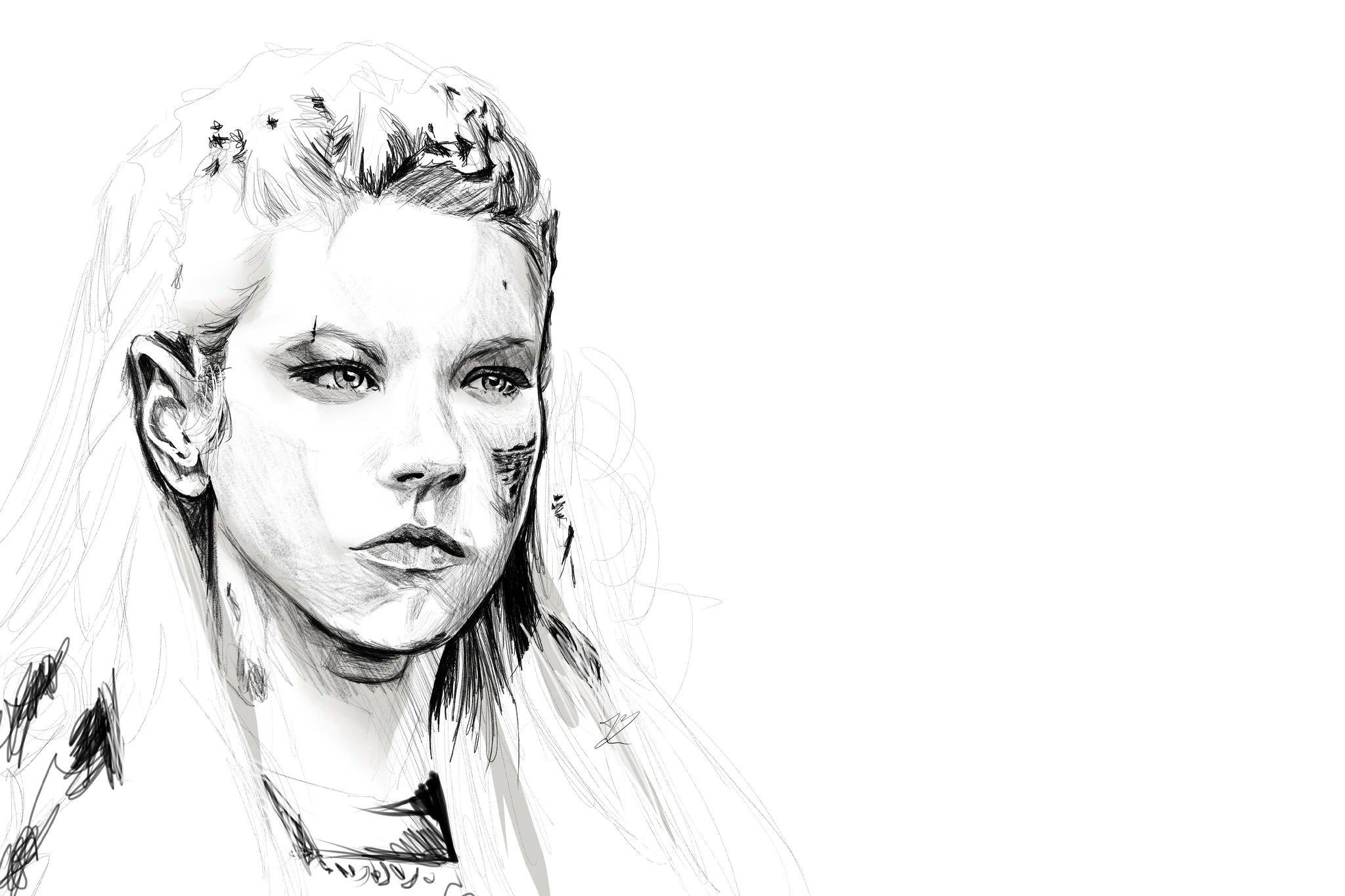Portrait au crayon de Lagertha, tresses de guerrière, peinture de guerre sur la joue, cheveux longs esquissés. Tableau en caisse américaine.