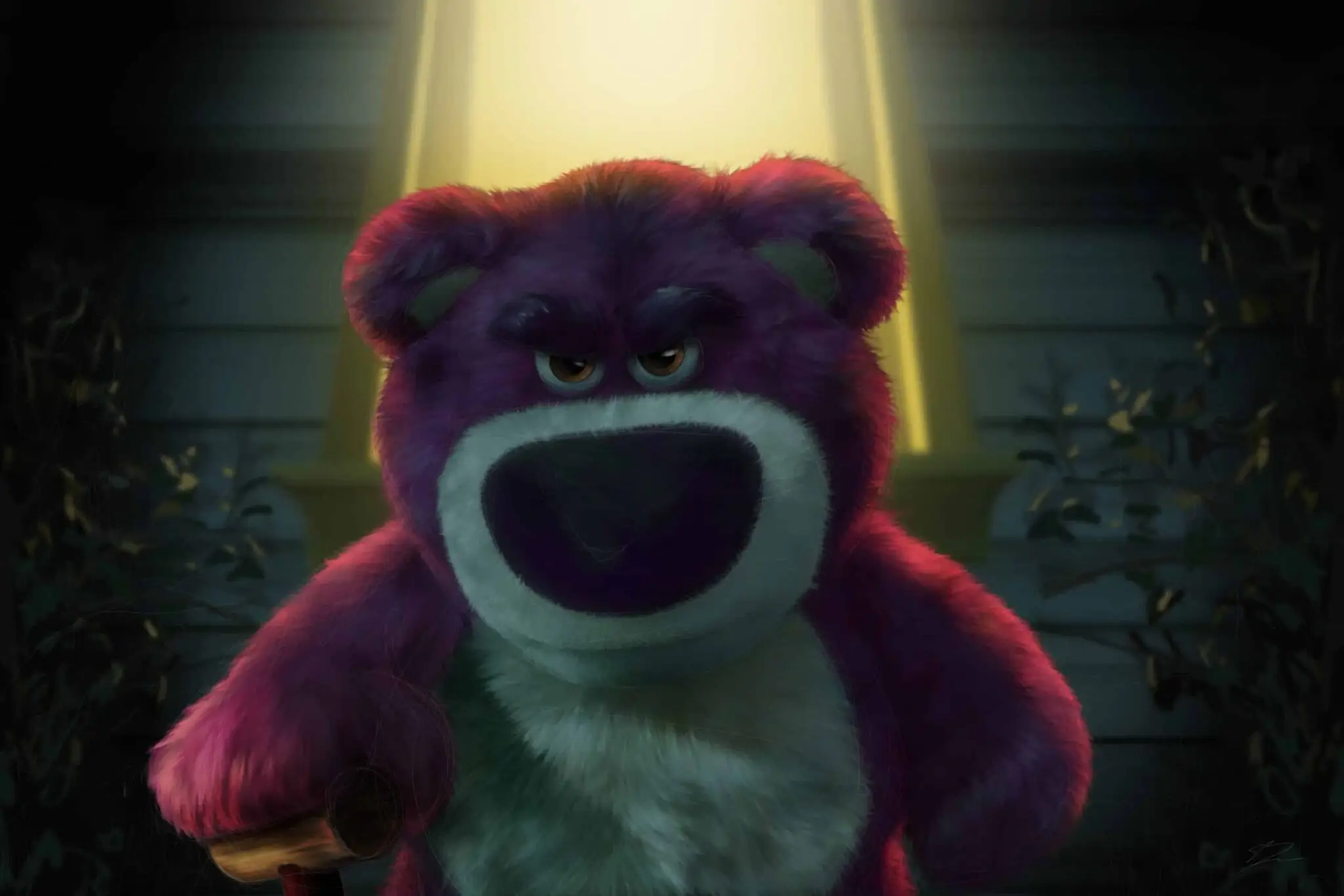 Lotso, l'ours rose de Toy Story 3, sourcils froncés, halo jaune derrière lui, canne en main. Tableau en caisse américaine.