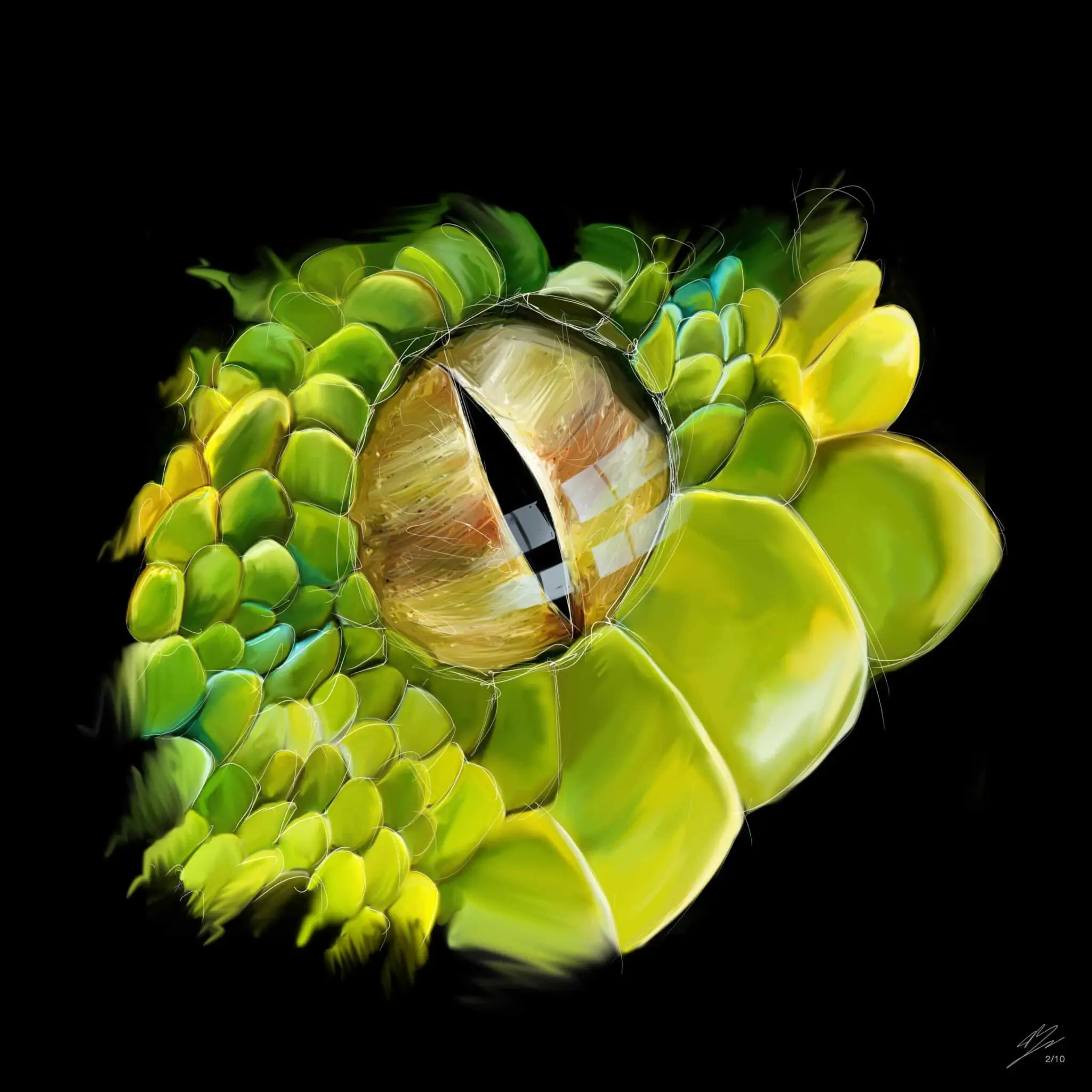 Œil de python vert (Morelia viridis), iris doré à pupille verticale, écailles vertes et jaunes, fond noir. Tableau en caisse américaine.