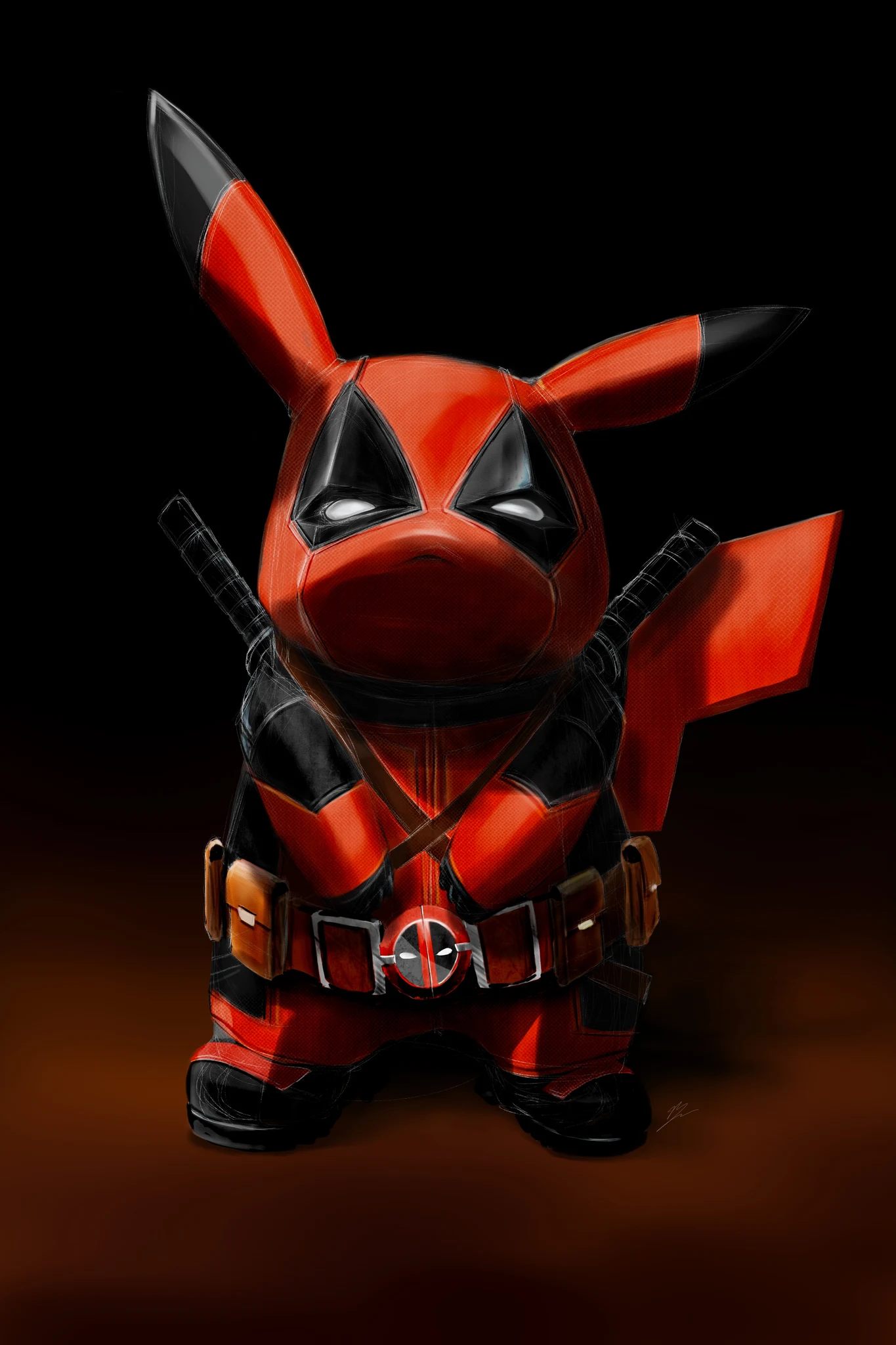 Pikachu en costume de Deadpool, katanas croisés dans le dos, queue en éclair rouge, fond noir. Tableau en caisse américaine.