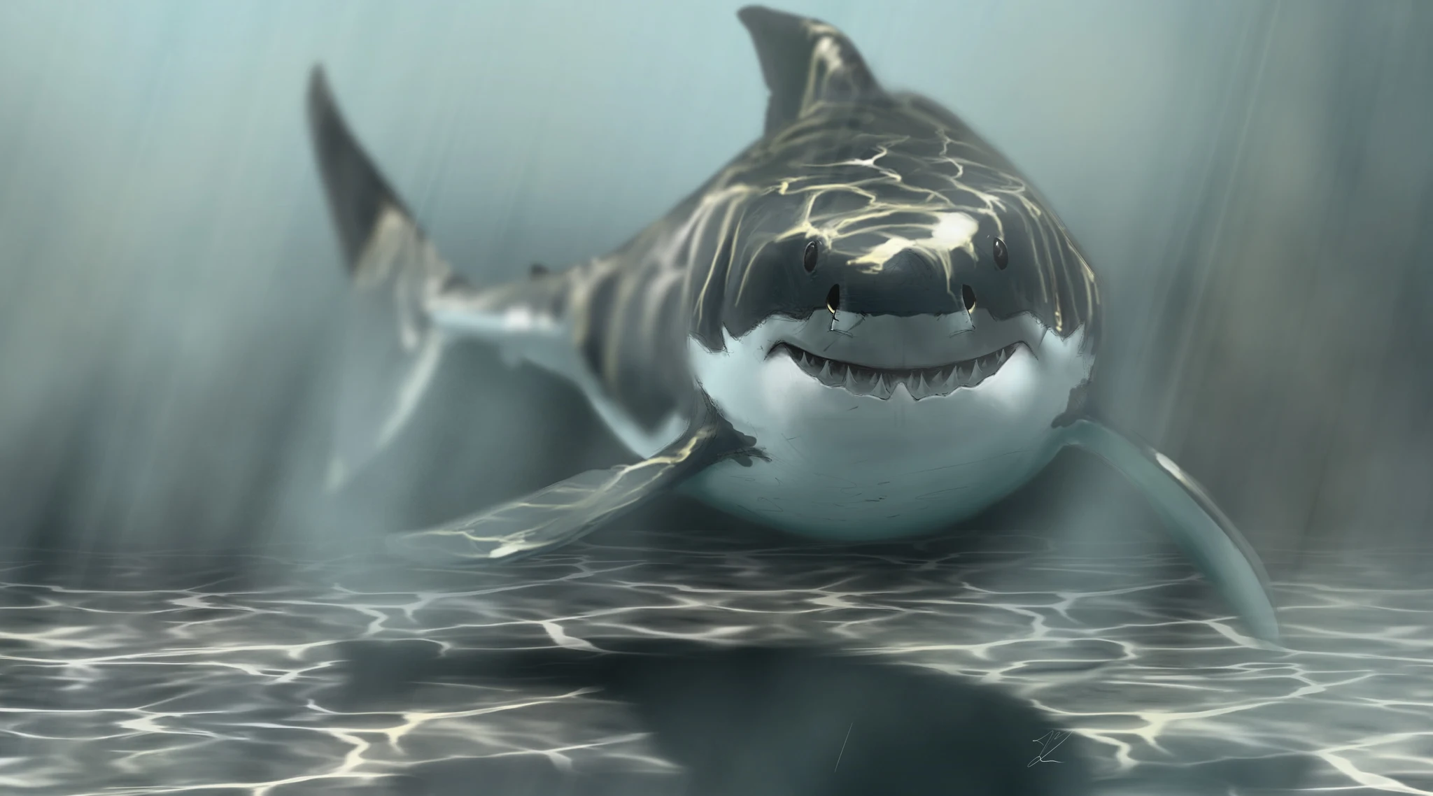 Requin blanc de face, gueule entrouverte, reflets de lumière sur le dos et le fond sableux. Tableau en caisse américaine.
