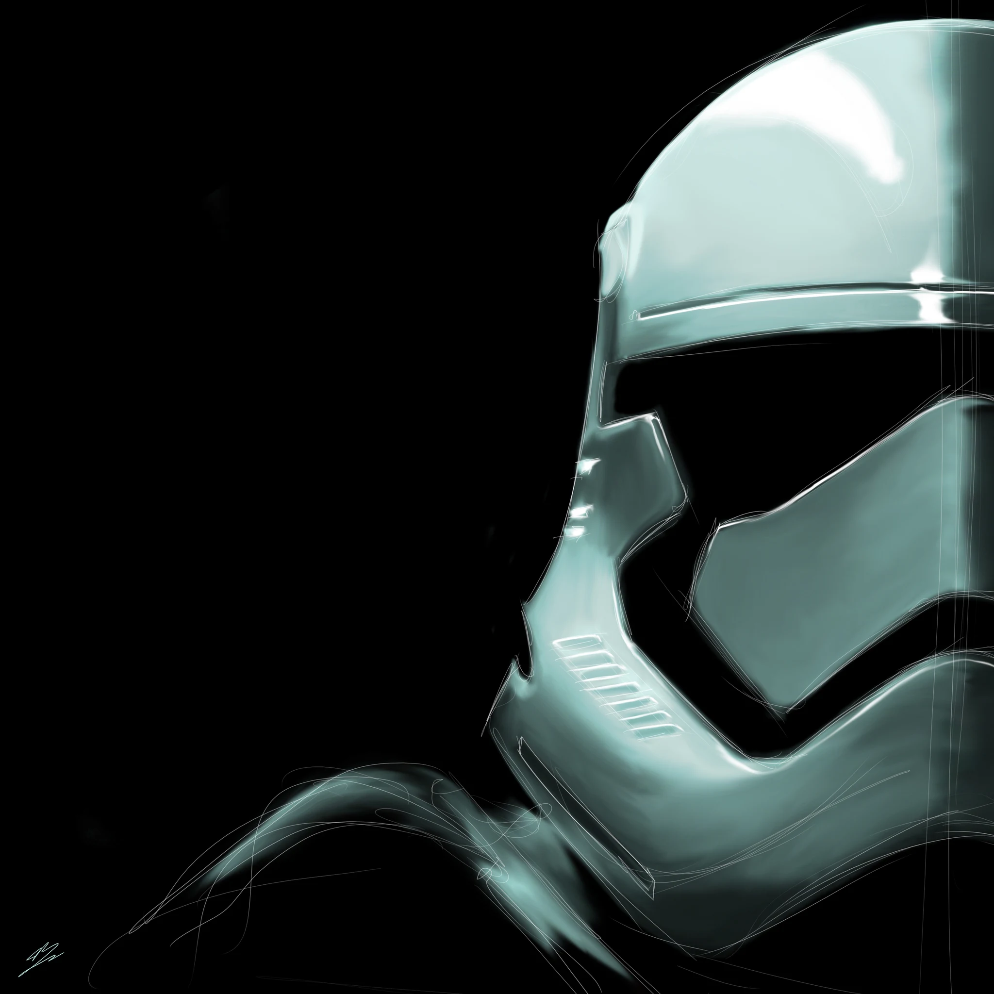 Casque de Stormtrooper du Premier Ordre de profil, blanc glacé, sur fond noir. Tableau en caisse américaine.