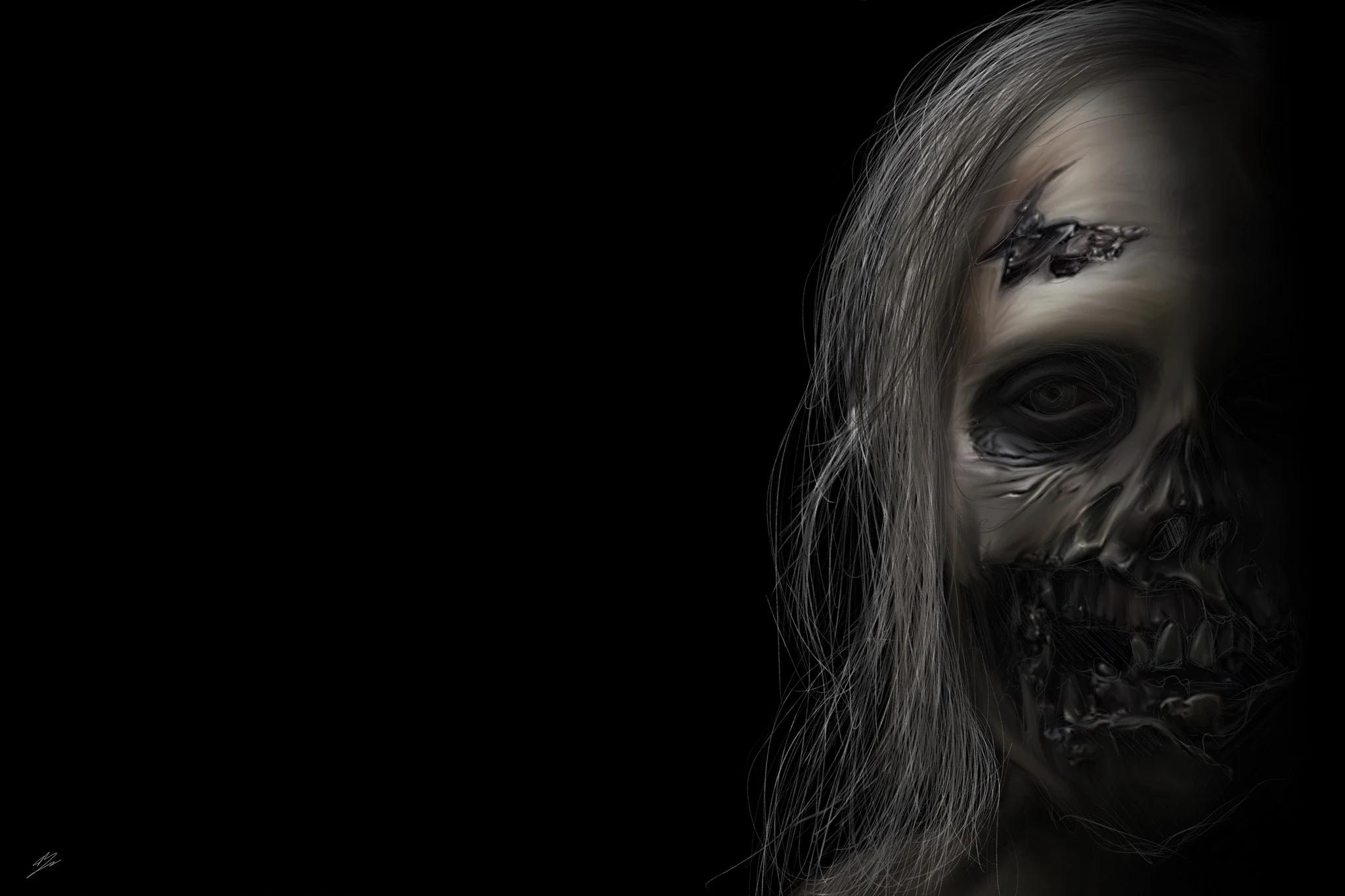 Rôdeur de Walking Dead au bord droit, cheveux longs, œil vide, mâchoire à nu, fond noir. Tableau en caisse américaine.