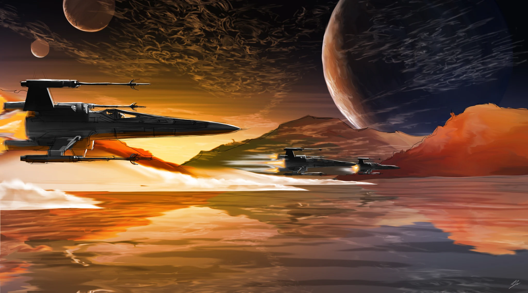 Trois chasseurs X-wing en rase-mottes sur une mer orange au couchant, trois lunes. Tableau en caisse américaine.