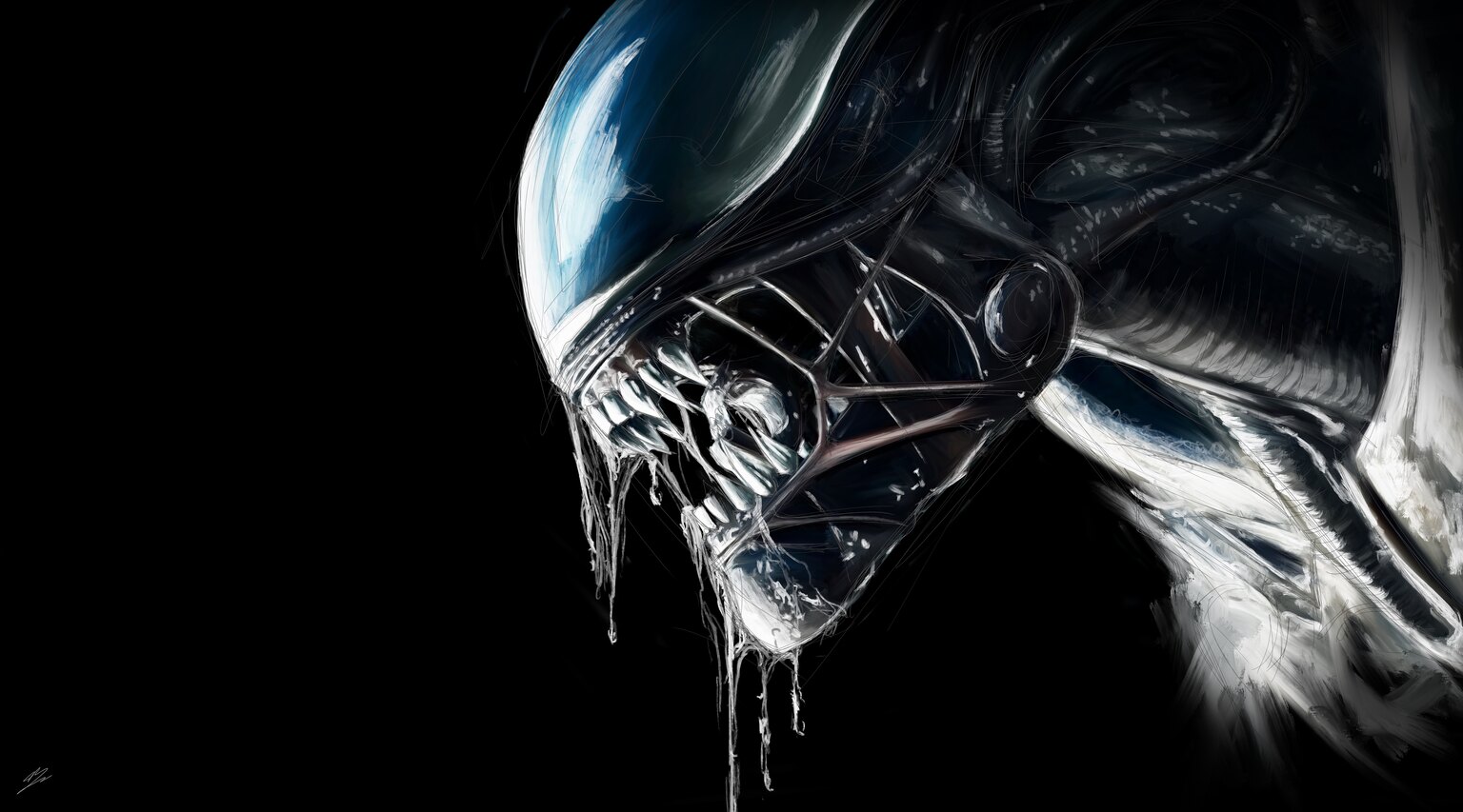 Le Xénomorphe d'Alien de profil, crâne allongé, peau noir-violet, mâchoire ouverte, bave en cascade.