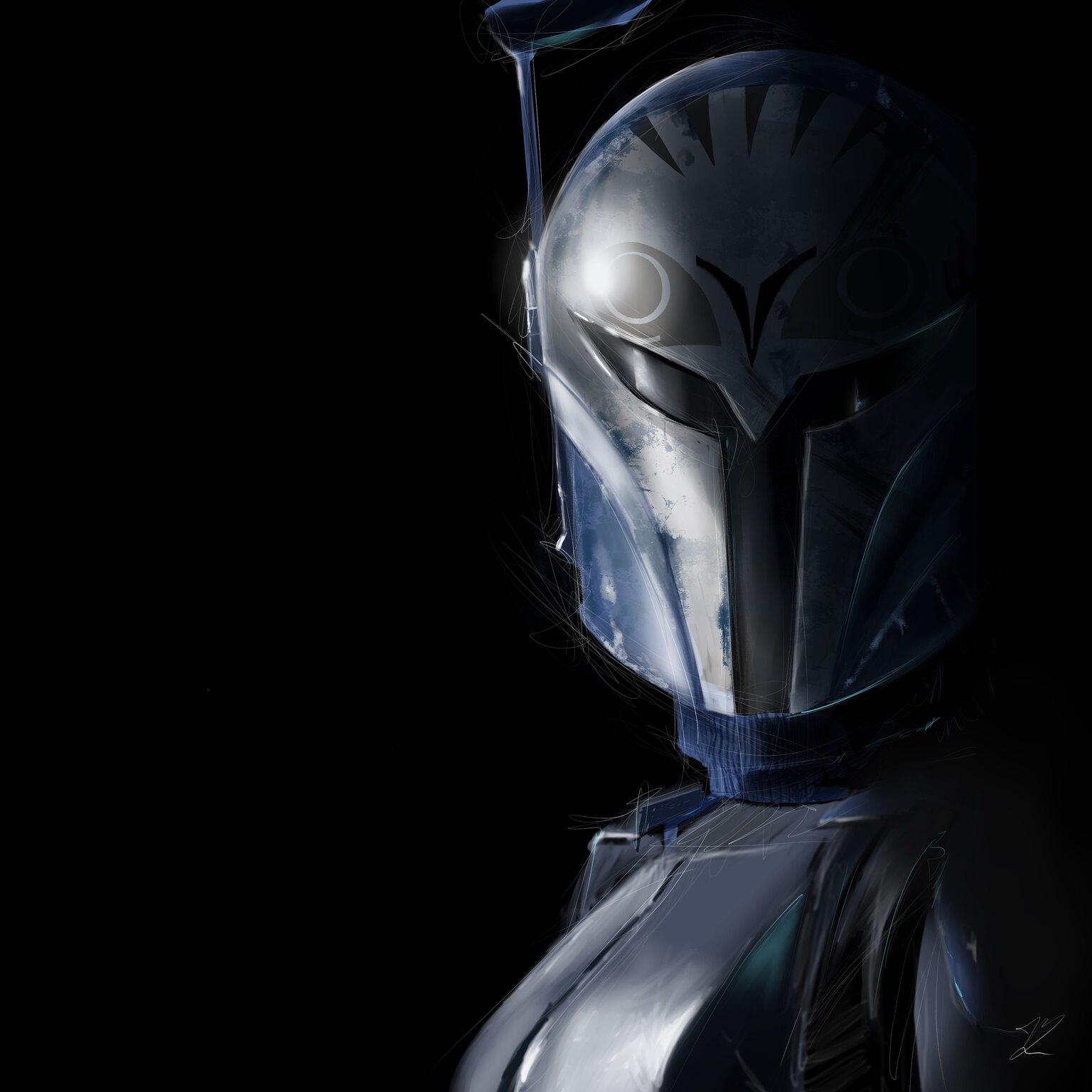 Casque mandalorien bleu et argent de Bo-Katan, de trois quarts, antenne relevée, fond noir.