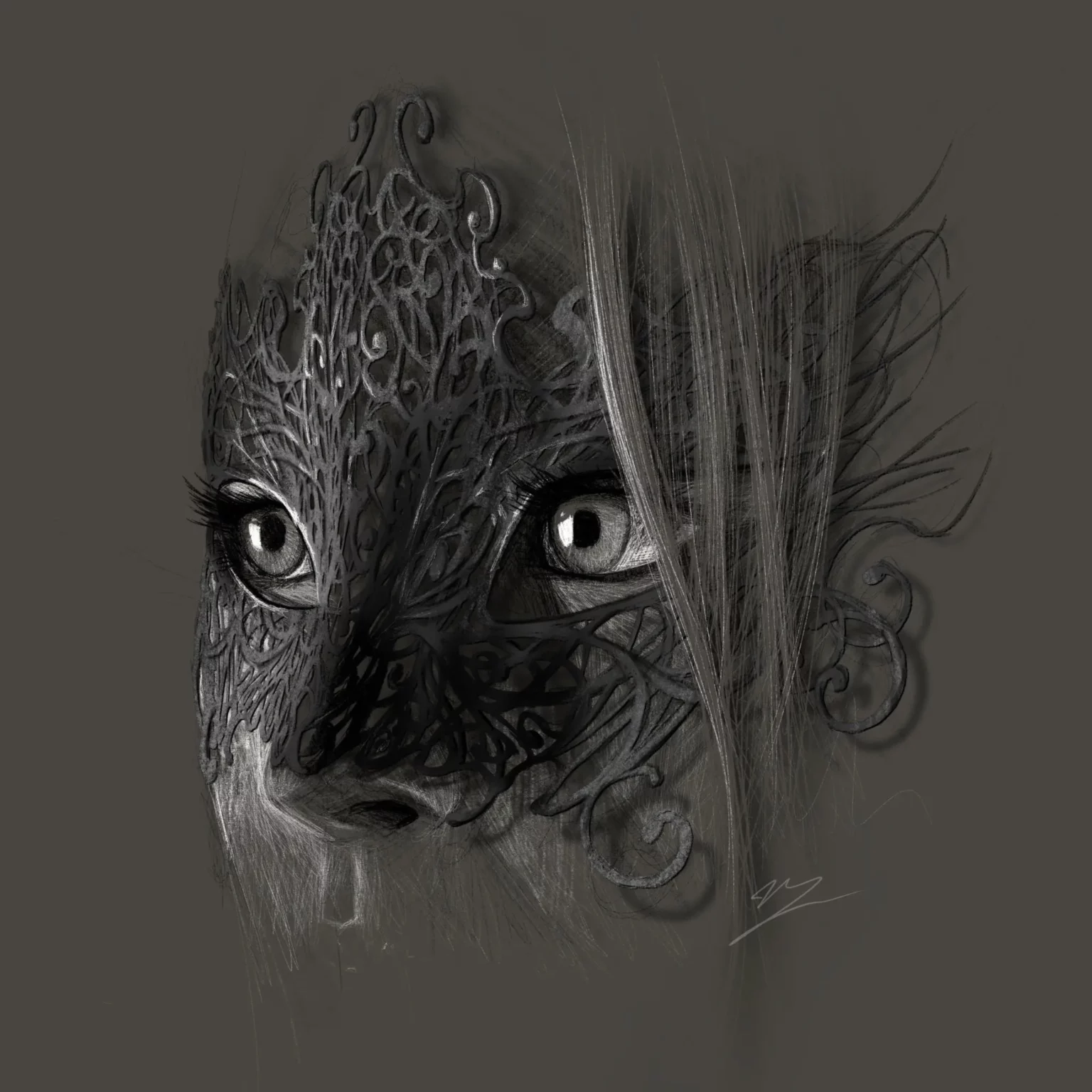 Gros plan sur un visage féminin masqué d'arabesques noires, deux yeux gris sur fond sombre. Tableau en caisse américaine.