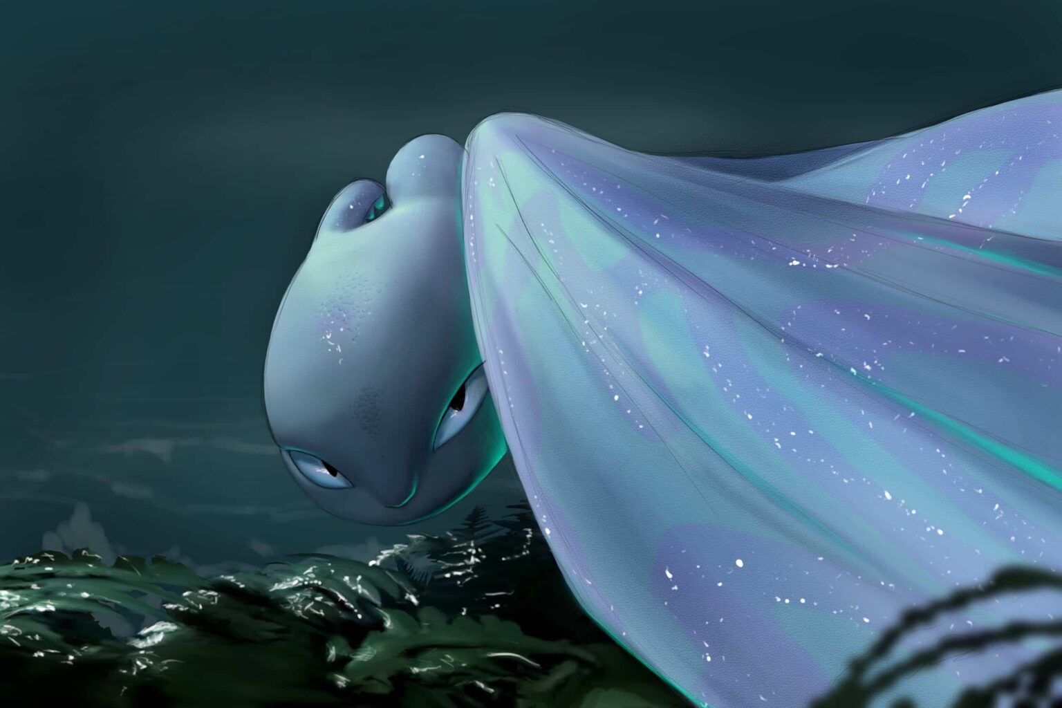 Furie Éclair, la Light Fury de Dragons 3, tête baissée, yeux mi-clos, aile piquée d'étoiles.