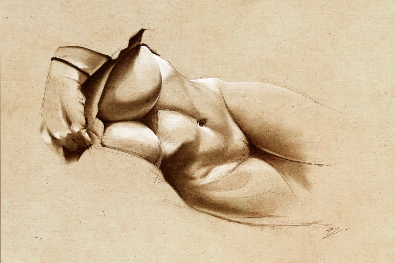 Torse féminin allongé, sépia : seins, ventre et nombril, bras replié au-dessus de la tête, tête et jambes hors du cadre, fond kraft clair.