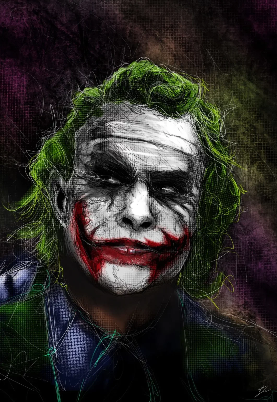 Le Joker de Heath Ledger, maquillage blanc craquelé et sourire rouge, cheveux verts, fond violet. Tableau en caisse américaine.