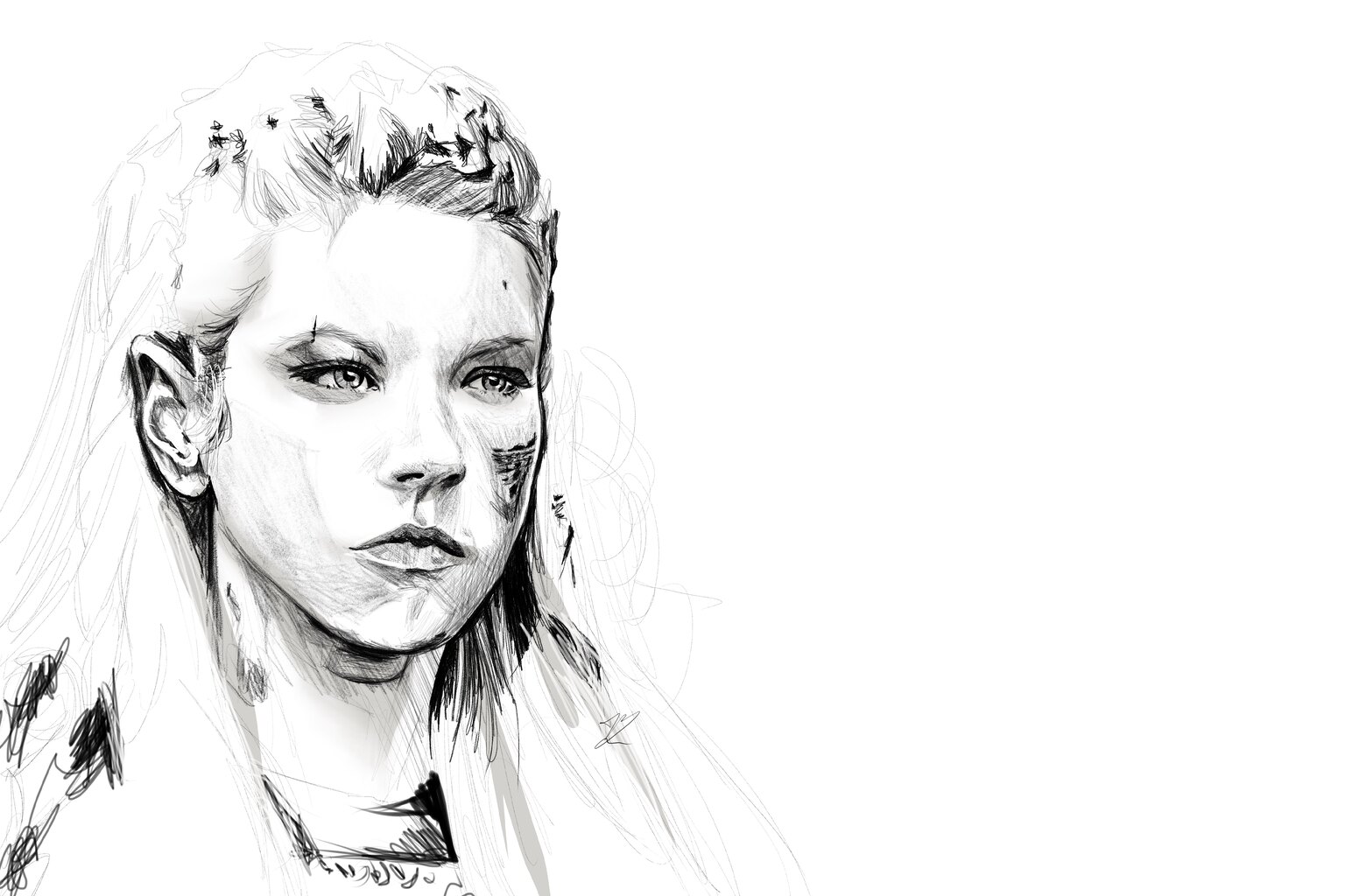 Portrait au crayon de Lagertha, tresses de guerrière, peinture de guerre sur la joue, cheveux longs esquissés.