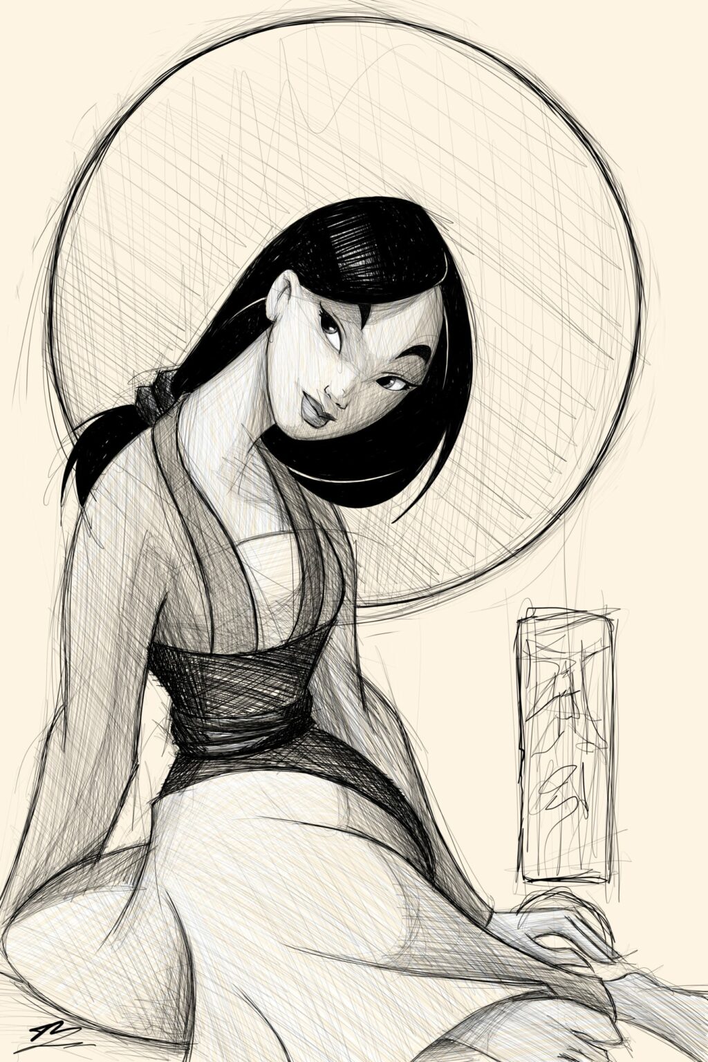 Mulan de Disney assise en croquis, regard par-dessus l'épaule, grand cercle et calligraphie derrière.