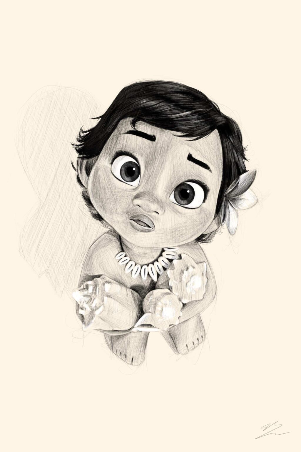 Vaiana bébé de Disney en croquis, yeux levés, fleur à l'oreille, coquillages contre elle.