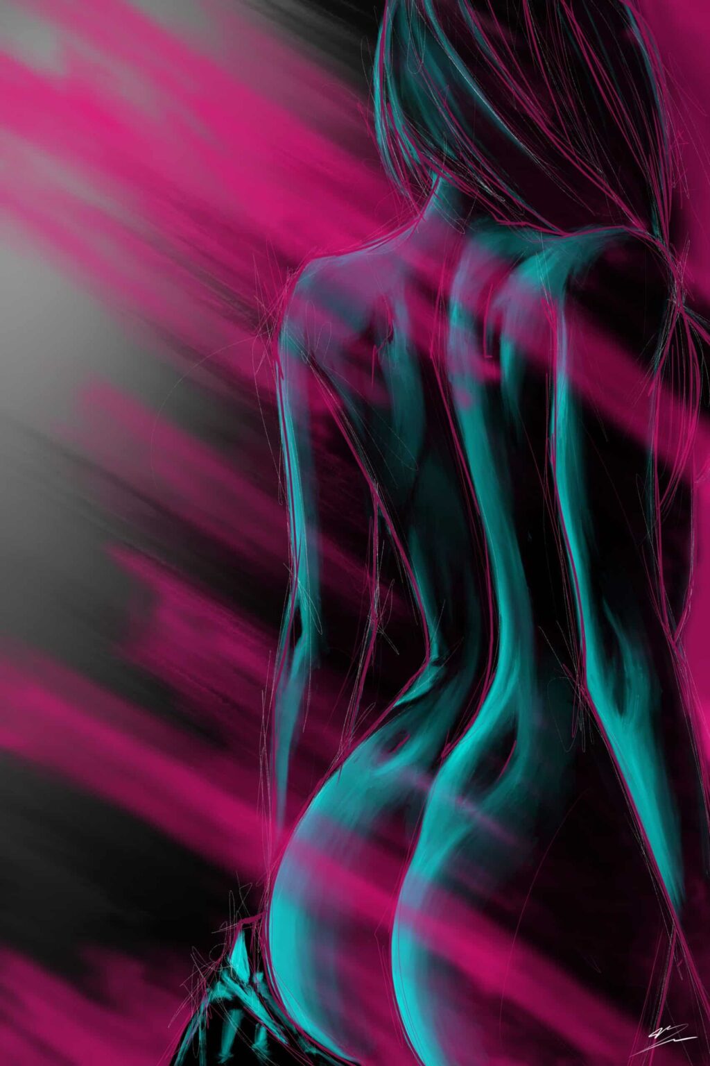 Femme nue de dos traitée en turquoise, cheveux longs, traversée de rais magenta sur fond noir.