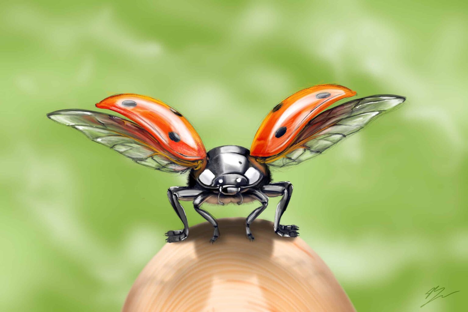 Coccinelle de face sur un bout de doigt, élytres rouges ouverts, ailes translucides déployées, fond vert.