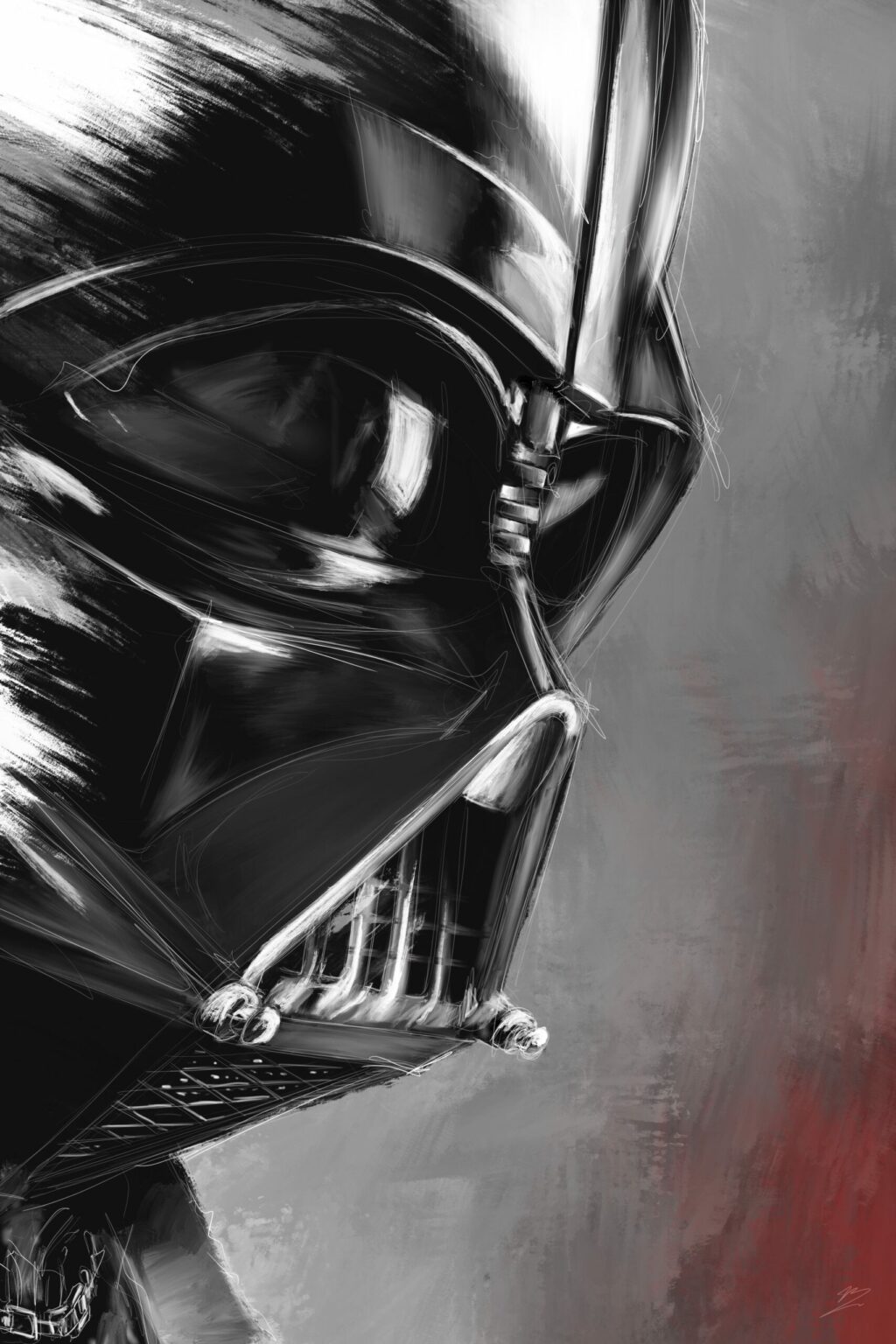 Masque de Dark Vador en gros plan, touche large et brossée, fond gris rougi en bas.