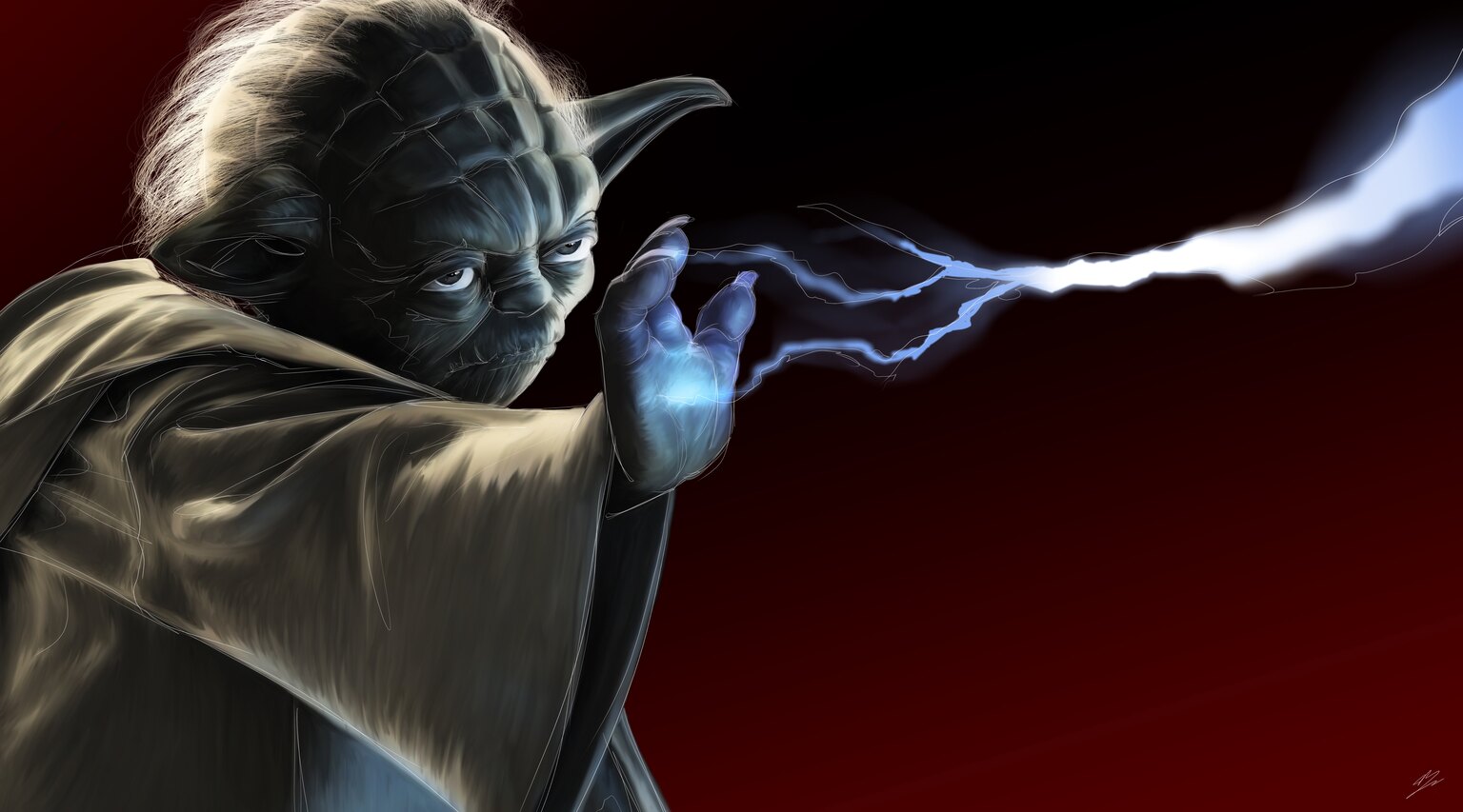 Yoda, sourcils froncés, main tendue qui absorbe un éclair de Force bleu, fond rouge.
