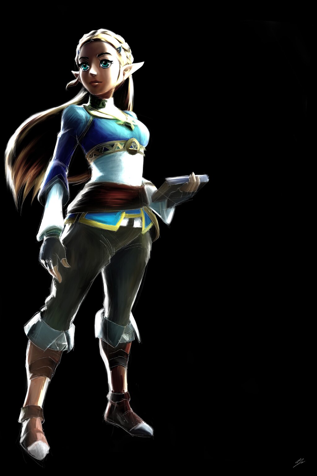 La princesse Zelda en pied, tenue bleue, cheveux tressés, tablette Sheikah en main, fond noir.